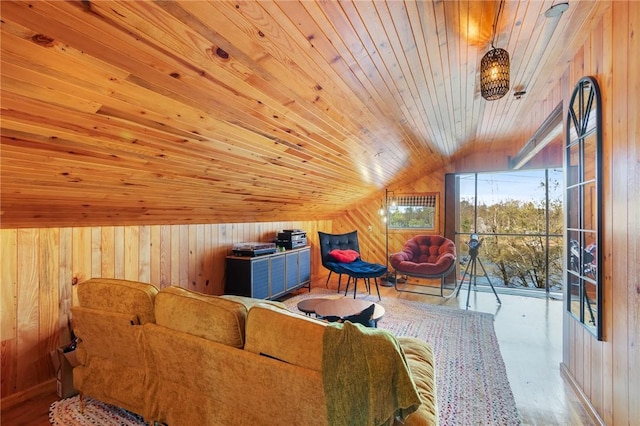bonus room featuring lofted ceiling, wood walls, and wood ceiling