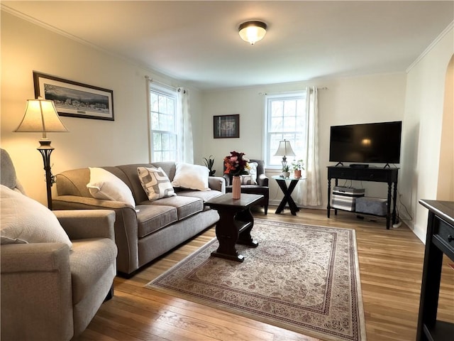 living room with ornamental molding and hardwood / wood-style floors