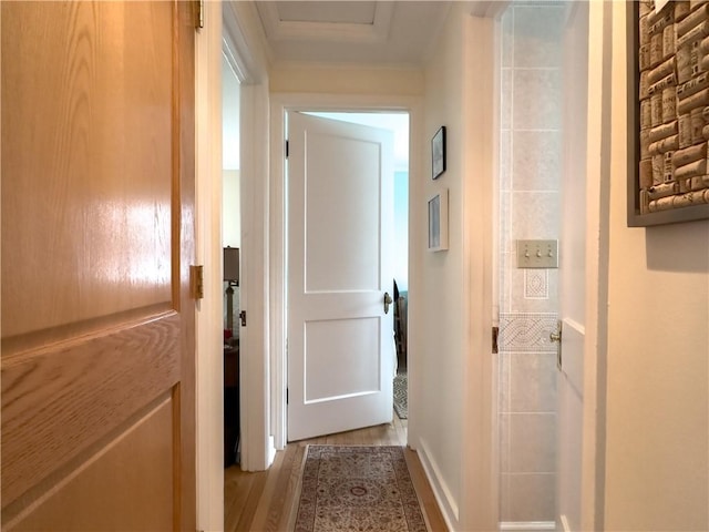 hall with wood finished floors and baseboards