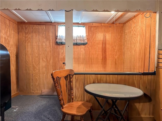interior space with carpet and wood walls