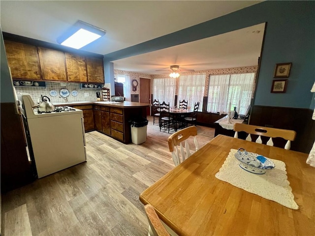 kitchen featuring a peninsula, brown cabinets, white gas range, a ceiling fan, and light wood-style floors