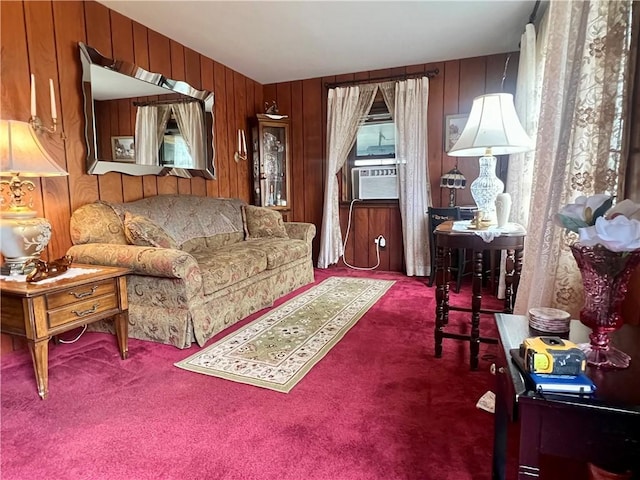 carpeted living area featuring cooling unit and wooden walls