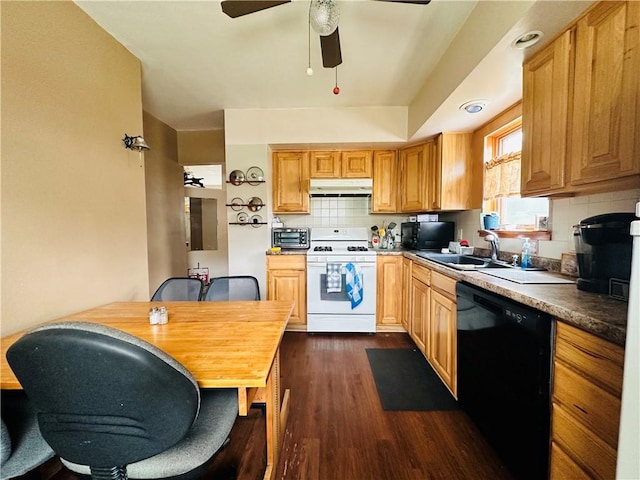 kitchen featuring a sink, black appliances, dark wood-type flooring, under cabinet range hood, and decorative backsplash
