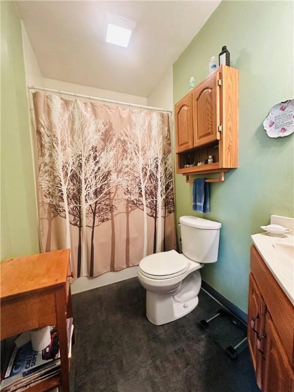 bathroom featuring toilet, vanity, and a shower with shower curtain