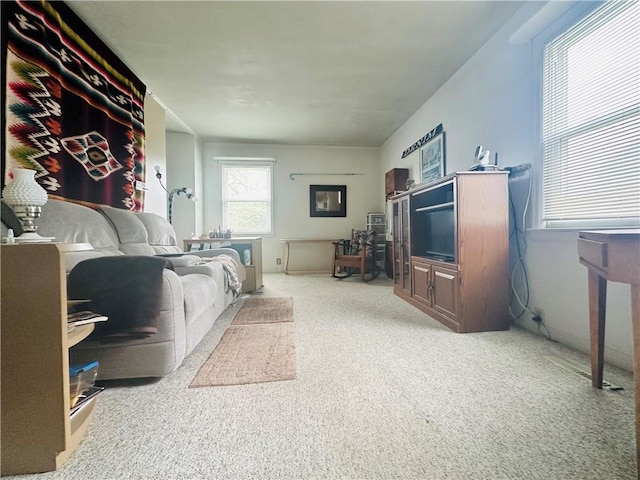 living area featuring light carpet