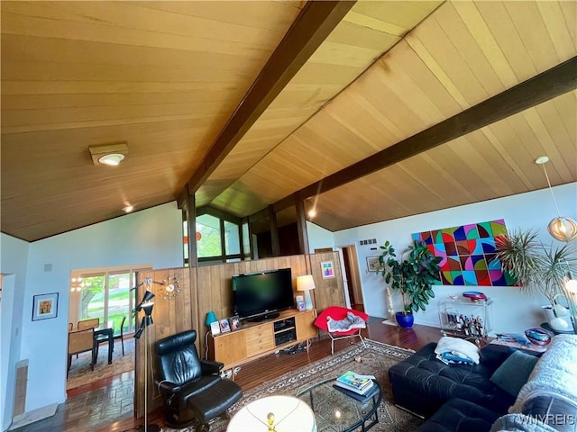 living area featuring wood ceiling, lofted ceiling with beams, and visible vents