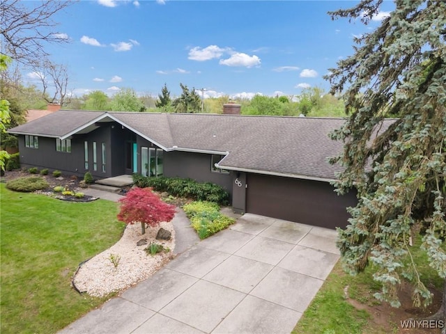 66 Stonecroft Ln, Amherst, NY 14226 - ranch-style home with an attached garage, a chimney, driveway, a shingled roof, and a front lawn