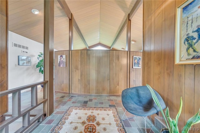 66 Stonecroft Ln, Amherst, NY 14226 - hallway with wooden walls, stone finish floors, and wooden ceiling
