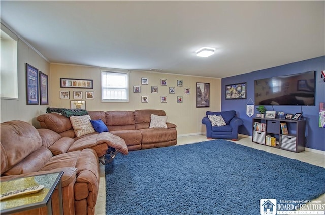 living area with ornamental molding