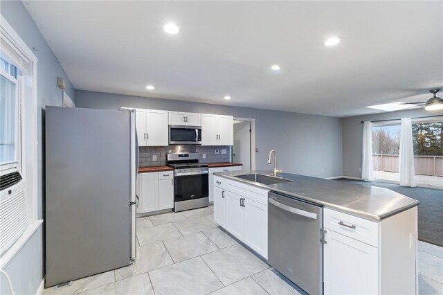 7893 Lake Rd, Sodus, NY 14555 - kitchen with a sink, white cabinetry, decorative backsplash, and appliances with stainless steel finishes