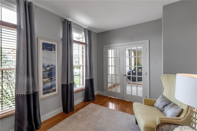 entryway with french doors, plenty of natural light, and wood finished floors