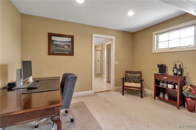 office featuring baseboards, recessed lighting, and light colored carpet