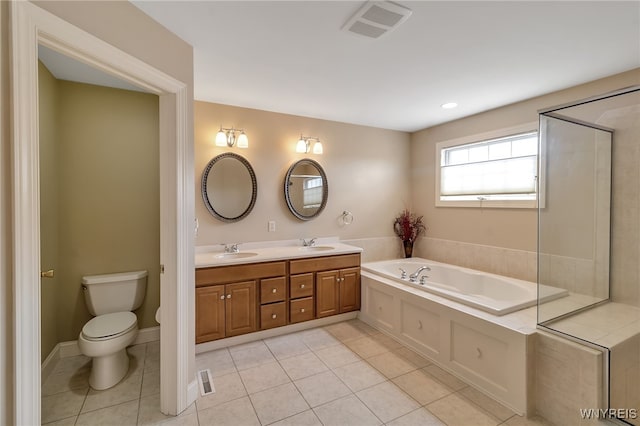full bath with toilet, a bath, visible vents, and a sink