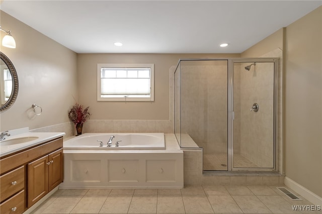 full bathroom with a shower stall, tile patterned floors, visible vents, and a bath