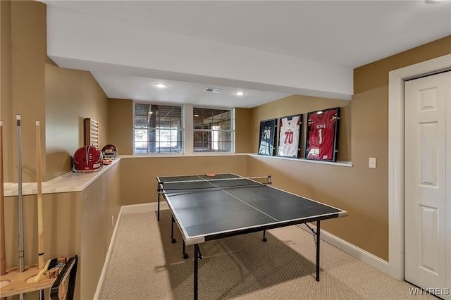recreation room featuring carpet, visible vents, baseboards, and recessed lighting