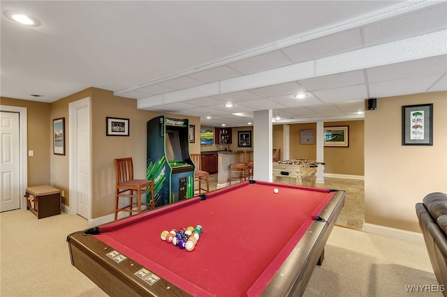 playroom featuring pool table, carpet floors, and baseboards