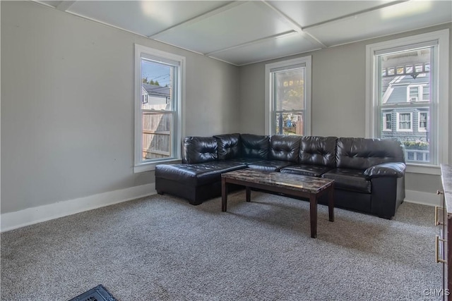 living room with carpet flooring and baseboards