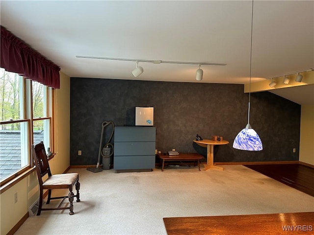 sitting room featuring baseboards, light carpet, and track lighting