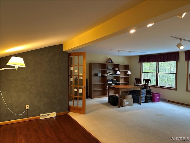 office featuring rail lighting, visible vents, french doors, and baseboards
