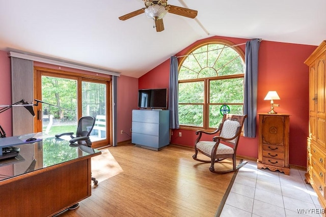 103 Old Orchard Ln, Orchard Park, NY 14127 - office area featuring vaulted ceiling, ceiling fan, baseboards, and light wood-type flooring