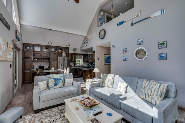 44458 County Route 100, Alexandria, NY 13640 - living area with wood finished floors, baseboards, and high vaulted ceiling