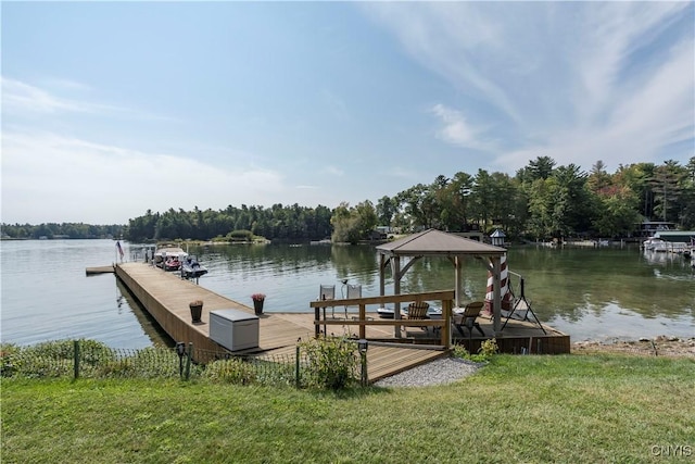 44458 County Route 100, Alexandria, NY 13640 - view of dock featuring a water view, a gazebo, a forest view, and a lawn