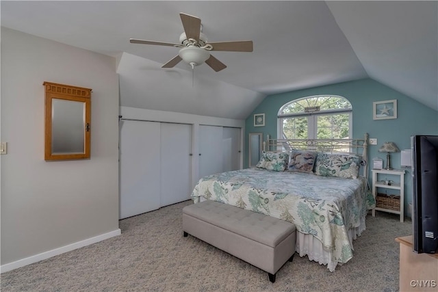 44458 County Route 100, Alexandria, NY 13640 - carpeted bedroom featuring lofted ceiling, ceiling fan, baseboards, and two closets