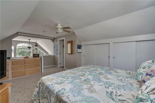 44458 County Route 100, Alexandria, NY 13640 - carpeted bedroom featuring vaulted ceiling, two closets, and ceiling fan