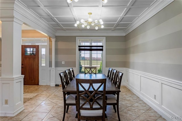 dining room with a decorative wall, a wainscoted wall, decorative columns, coffered ceiling, and a notable chandelier