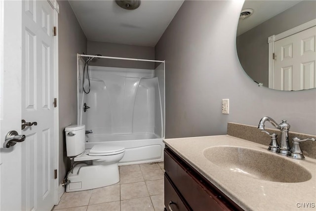 bathroom featuring shower / bath combination, toilet, visible vents, tile patterned flooring, and vanity