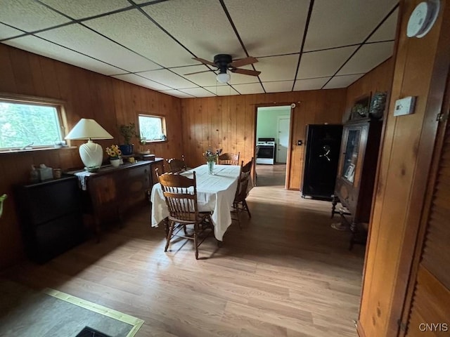 dining area with a drop ceiling, wood walls, light wood-style flooring, and a ceiling fan