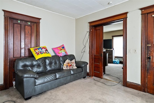 living area with carpet and crown molding