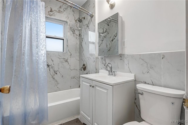 bathroom with vanity, toilet, tile walls, and shower / bath combination with curtain