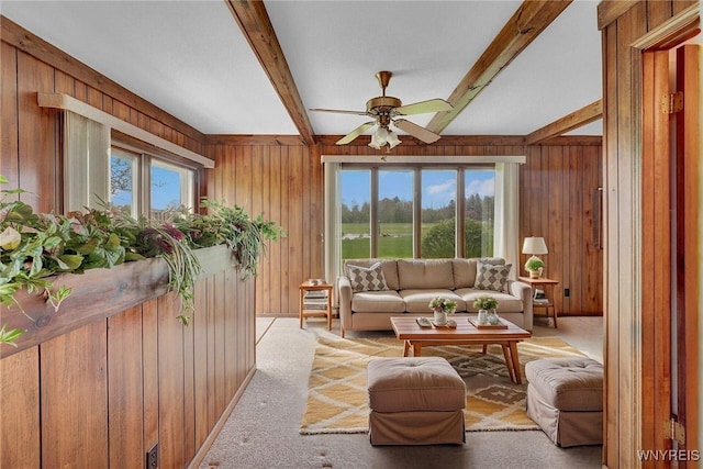 living area featuring wooden walls, plenty of natural light, and beam ceiling