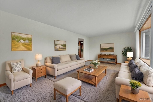 living area featuring baseboards and light wood-type flooring