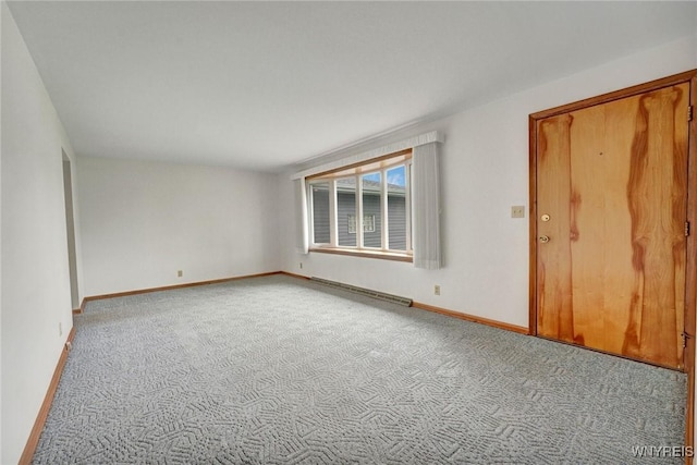 unfurnished room featuring baseboards, a baseboard radiator, and carpet