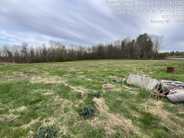 view of yard featuring a rural view and a wooded view