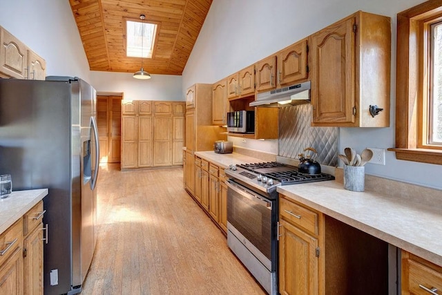 49080 State Highway 30, Roxbury, NY 12474 - kitchen with stainless steel appliances, under cabinet range hood, wooden ceiling, light countertops, and light wood-style flooring