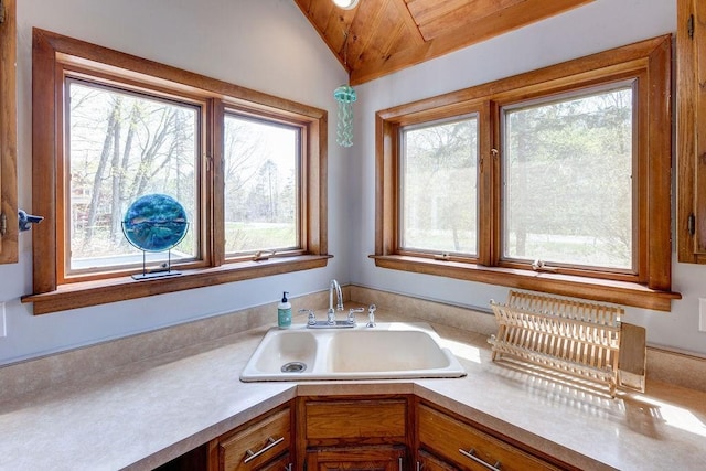 49080 State Highway 30, Roxbury, NY 12474 - kitchen featuring a sink, light countertops, healthy amount of natural light, vaulted ceiling, and wooden ceiling