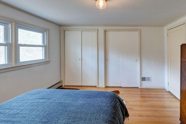 49080 State Highway 30, Roxbury, NY 12474 - bedroom featuring two closets, a baseboard radiator, wood finished floors, and ornamental molding