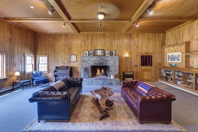 49080 State Highway 30, Roxbury, NY 12474 - carpeted living area with wood ceiling, beamed ceiling, wooden walls, a fireplace, and a baseboard heating unit