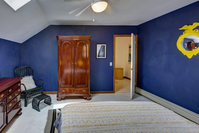 49080 State Highway 30, Roxbury, NY 12474 - bedroom featuring lofted ceiling, a baseboard heating unit, baseboards, a ceiling fan, and carpet flooring