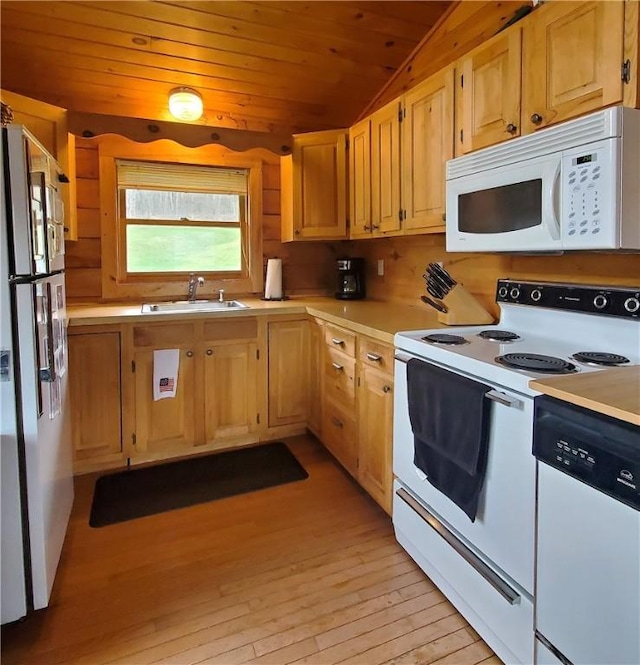 kitchen featuring white appliances, light countertops, wooden ceiling, and a sink