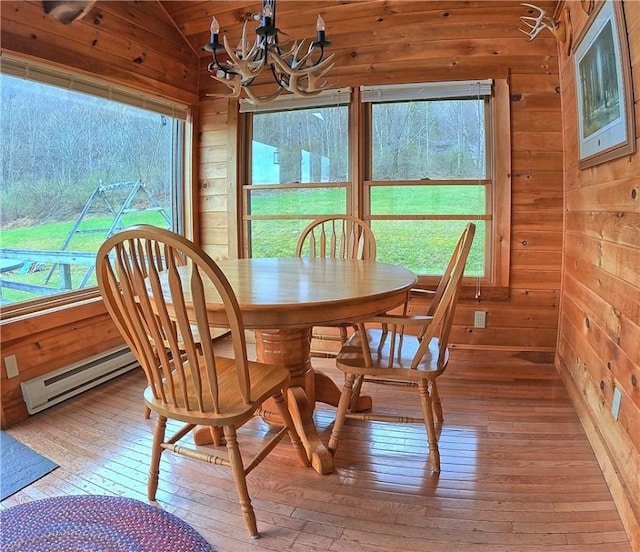 dining area featuring lofted ceiling, wood walls, hardwood / wood-style floors, a baseboard radiator, and a chandelier