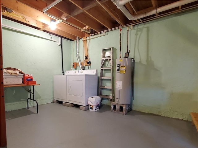 unfinished below grade area with washer and dryer and electric water heater