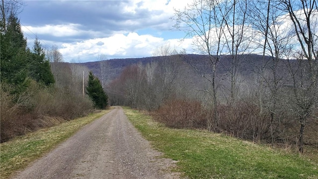 view of road featuring a wooded view and a mountain view