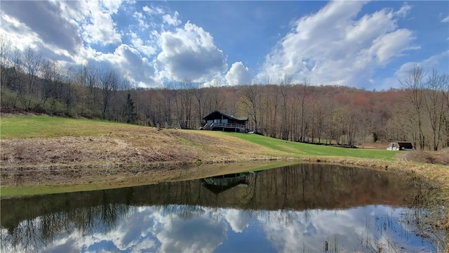 property view of water featuring a forest view