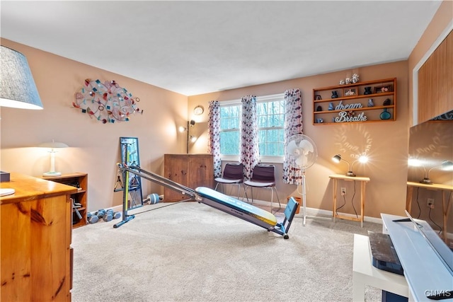 workout area with carpet and baseboards