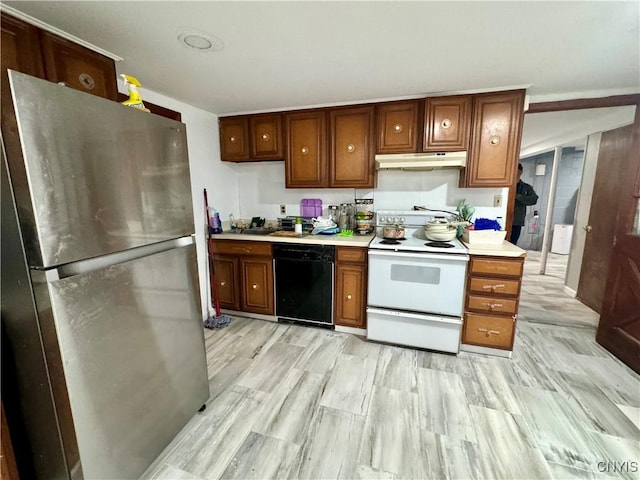 107 Birchwood Ln, Frankfort, NY 13340 - kitchen featuring freestanding refrigerator, dishwasher, under cabinet range hood, white electric range oven, and light countertops
