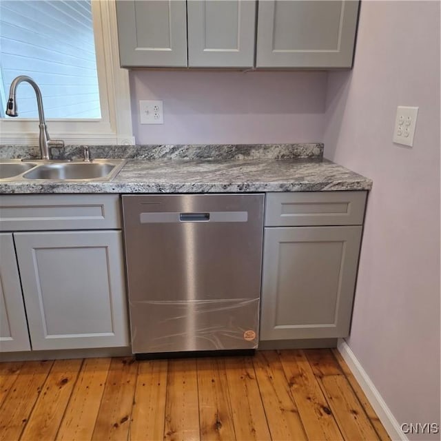 kitchen featuring light wood finished floors, dishwasher, gray cabinetry, and a sink